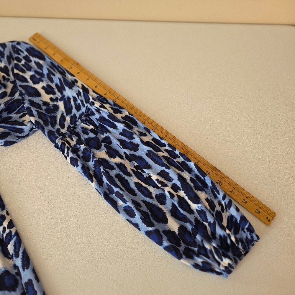 Crown & Ivy Dress Womens Small Blue Leopard Print Long Balloon Sleeve Mini Boho - Picture 9 of 12